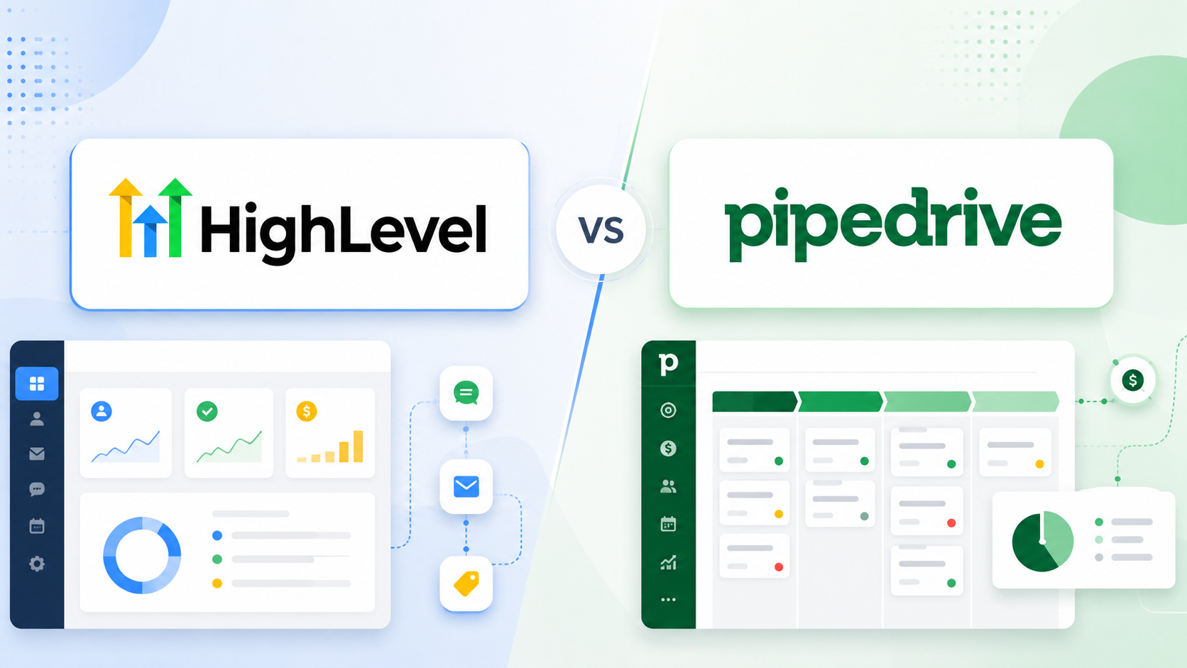 HighLevel vs Pipedrive comparison graphic showing agency workflow software compared with a sales pipeline CRM.