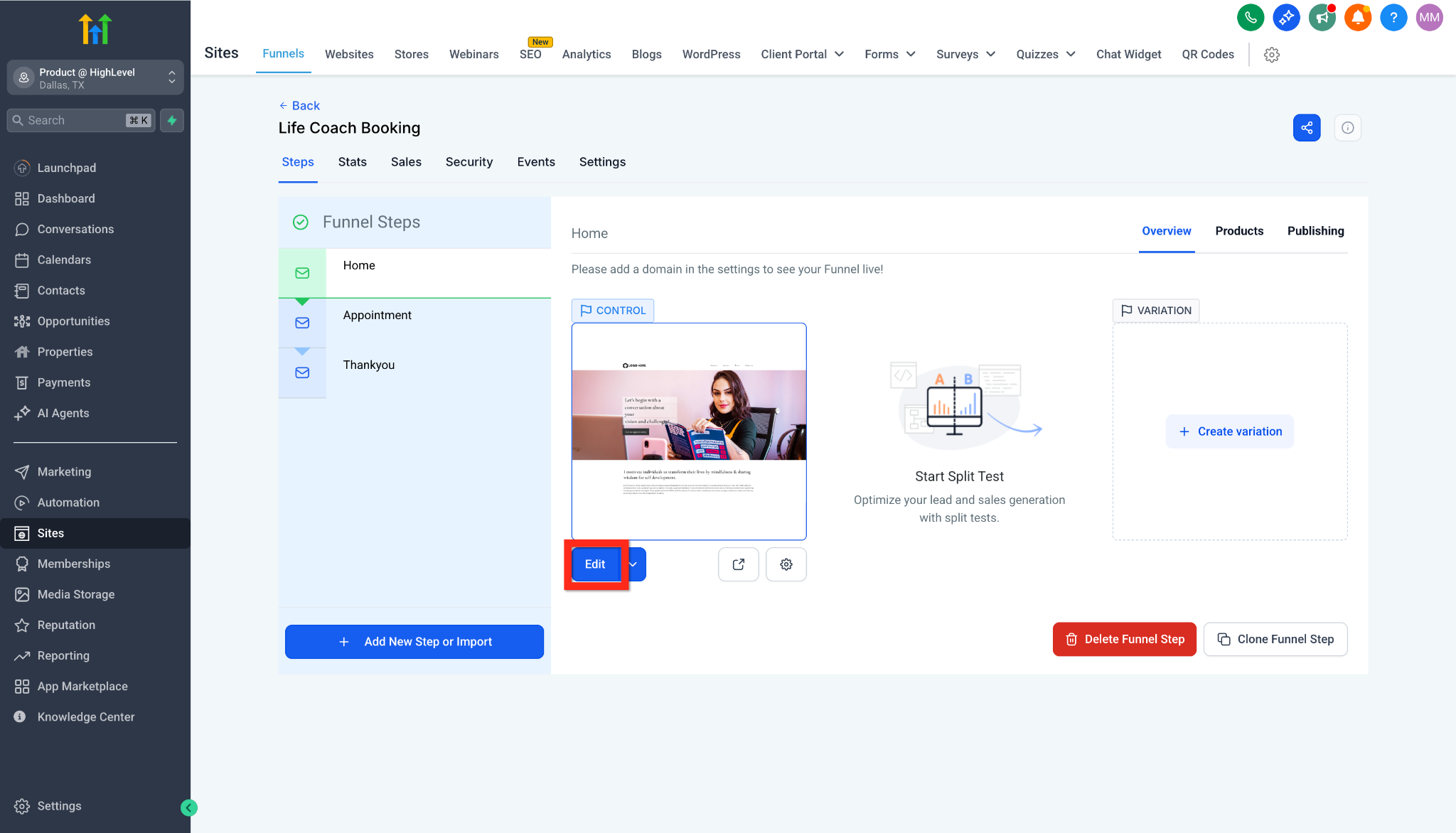 Screenshot of the HighLevel funnel builder interface showing funnel steps and editing controls.
