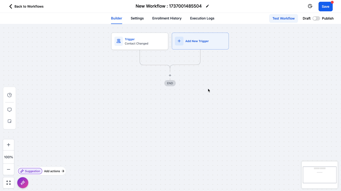 Animated screenshot of the HighLevel workflow builder showing a simple contact change trigger and workflow canvas.