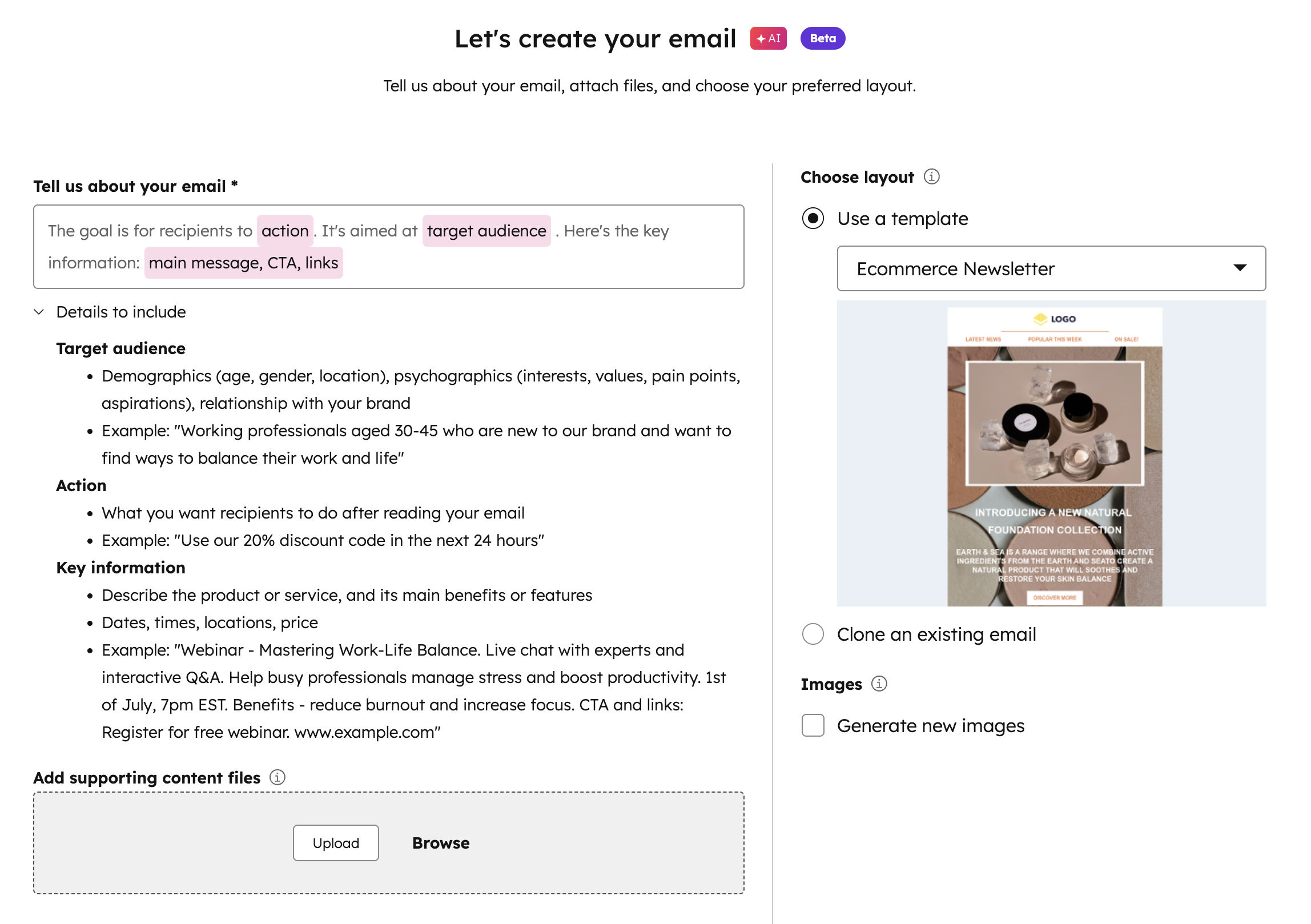 Screenshot of HubSpot email creation tools with AI-assisted email setup and template selection.