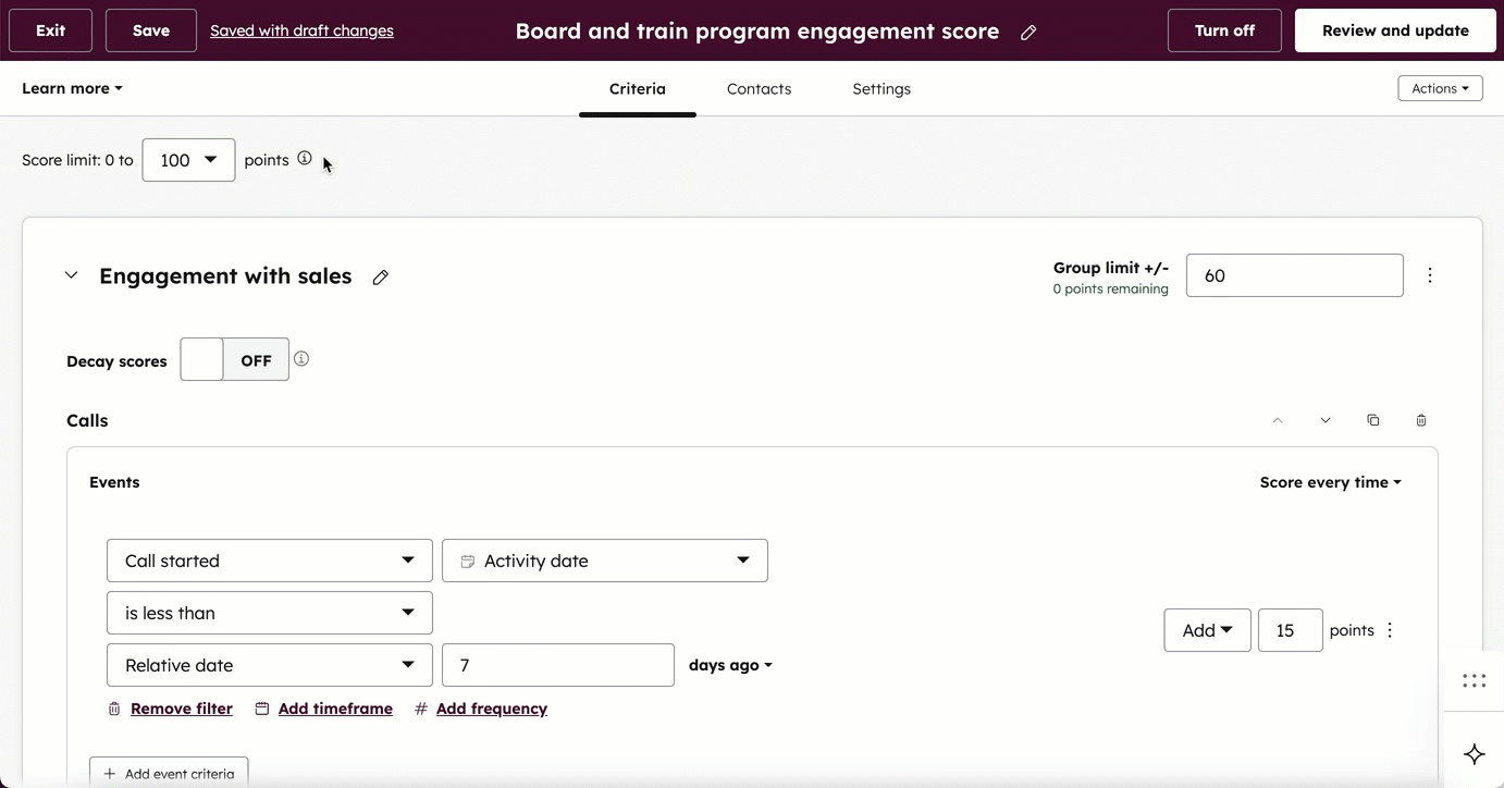 Animated screenshot of HubSpot lead scoring criteria setup for engagement with sales.
