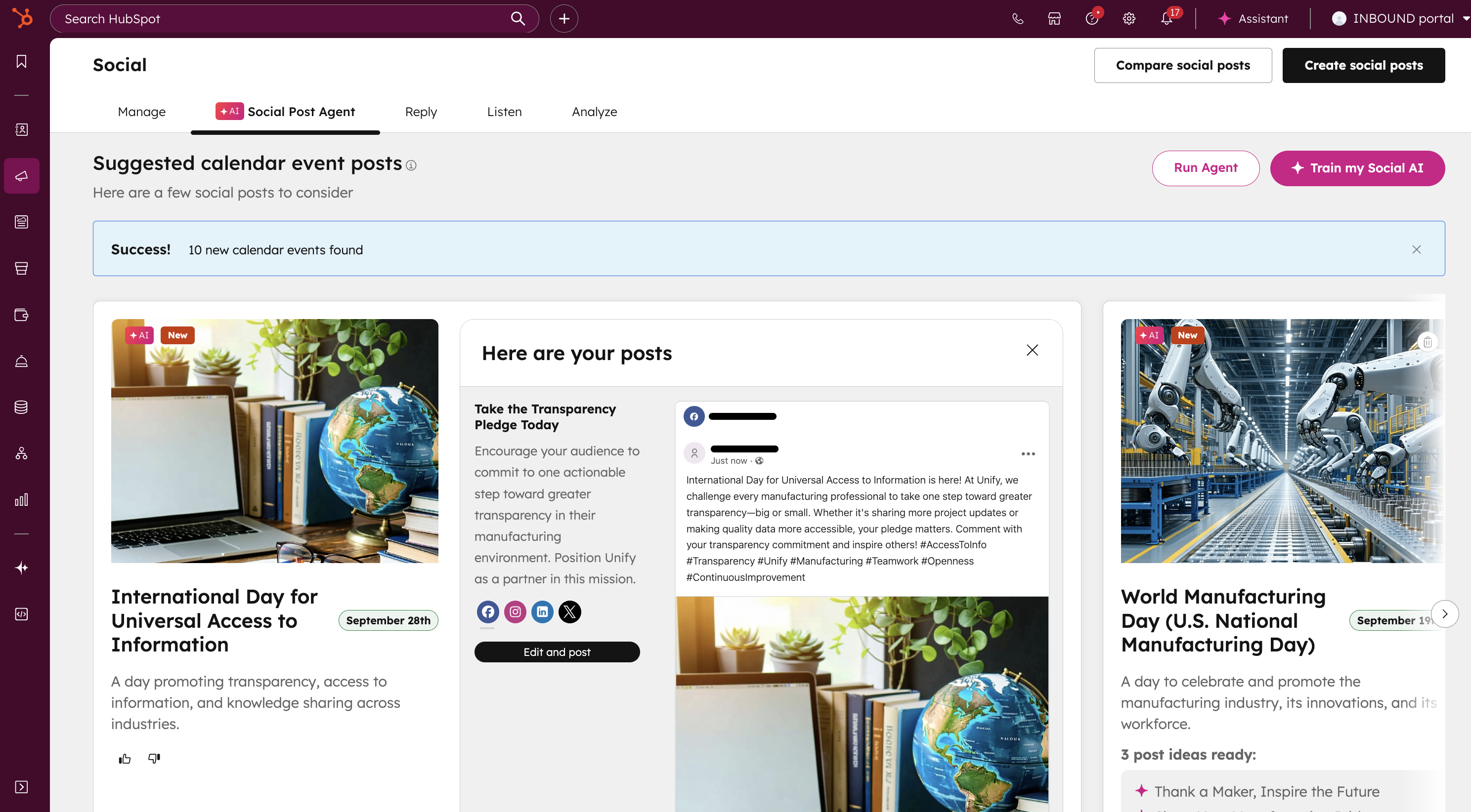 Screenshot of HubSpot social post agent showing suggested calendar event posts and generated social content.