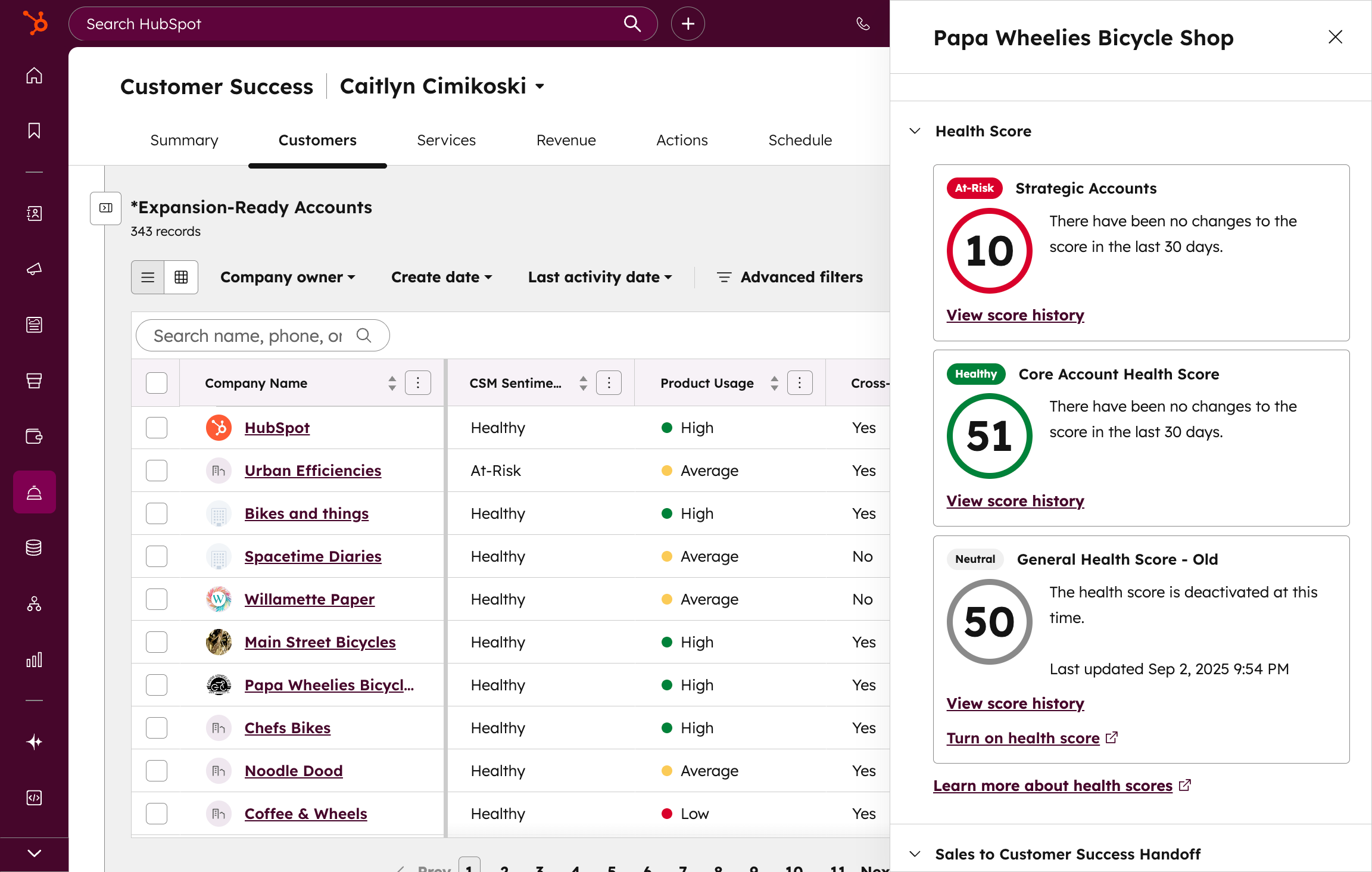 Screenshot of HubSpot customer success workspace showing customer health scores and account records.