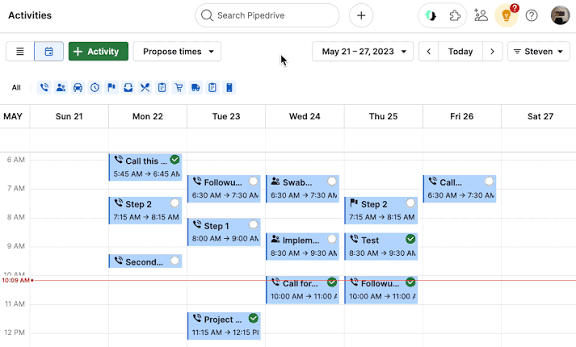Screenshot of the Pipedrive activities calendar showing scheduled calls, follow-ups, and sales tasks.