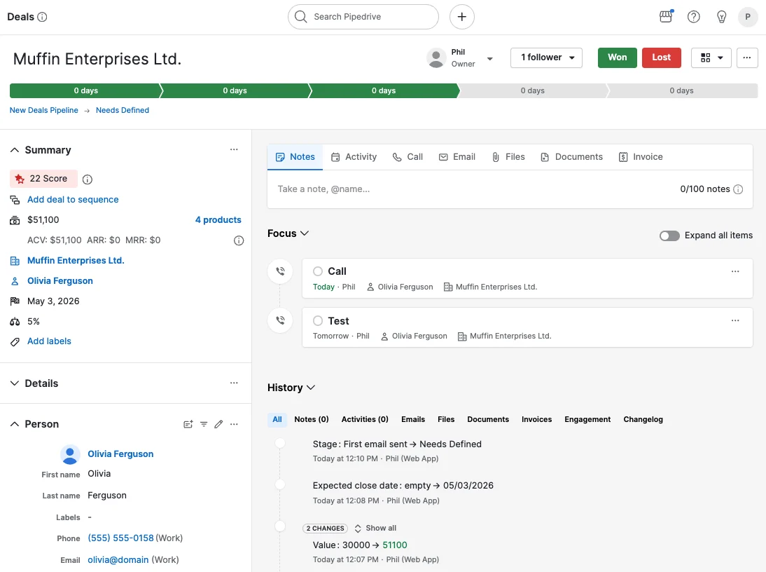 Screenshot of a Pipedrive deal detail page showing deal summary, contact details, activities, notes, and history.