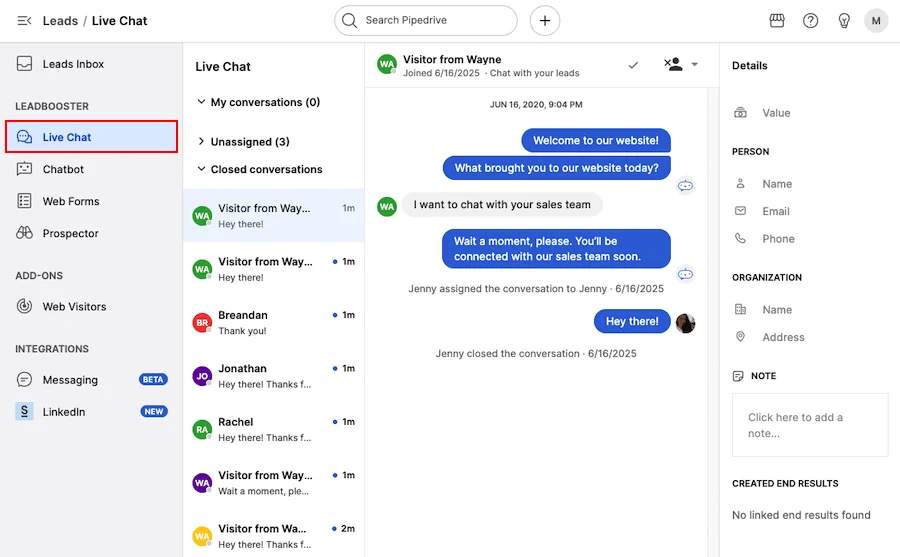 Screenshot of Pipedrive LeadBooster live chat showing lead conversations and contact details.