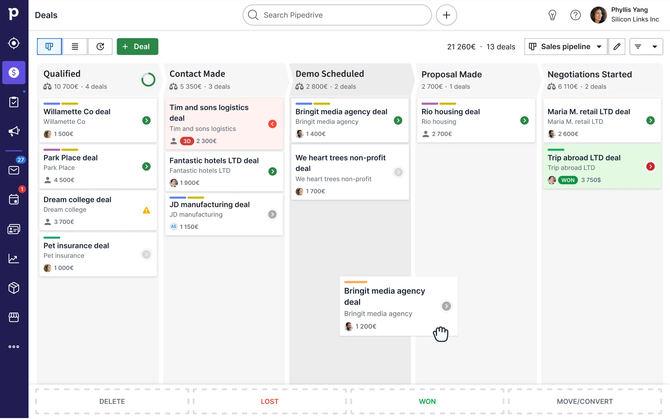 Screenshot of the Pipedrive sales pipeline board with deals arranged across sales stages.